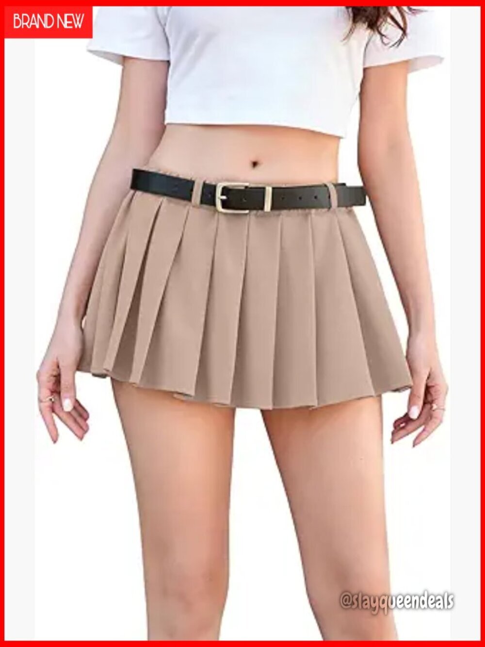 Pleated Mini Skirt with Belt, Stretchy A-Line, Casual Club Wear